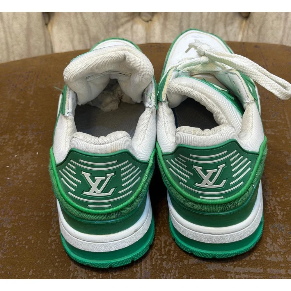 Louis Vuitton Trainer Sneaker Green White Monogram Denim Leather MS0241 Size 44